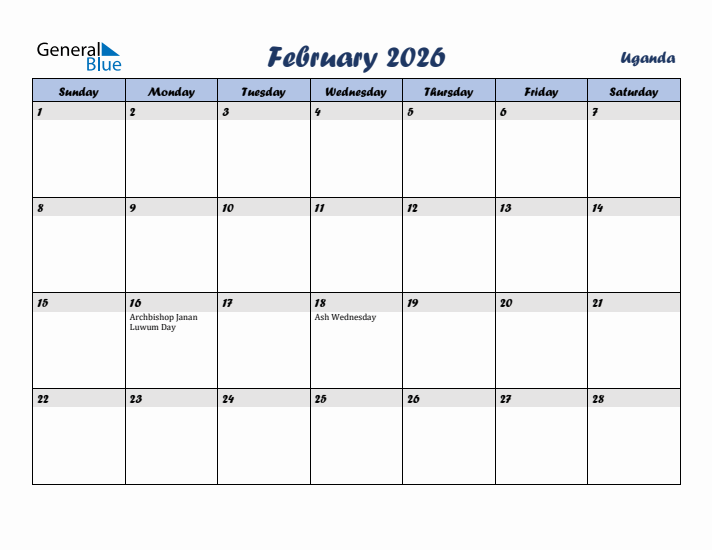 February 2026 Calendar with Holidays in Uganda