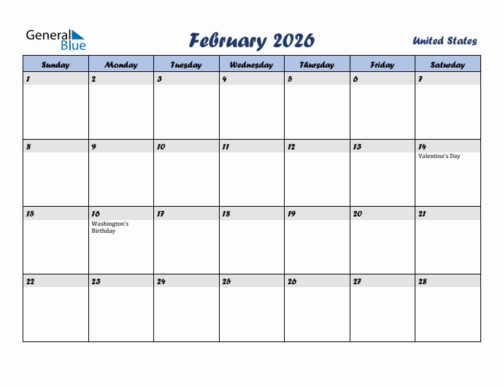 February 2026 Calendar with Holidays in United States