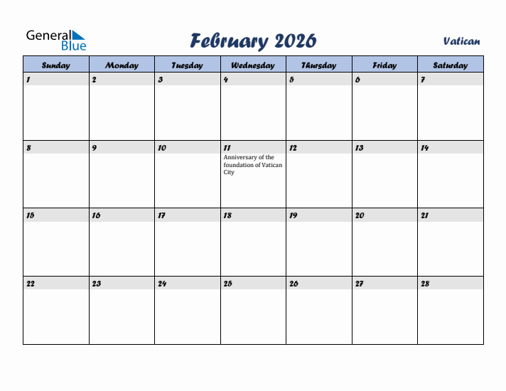 February 2026 Calendar with Holidays in Vatican