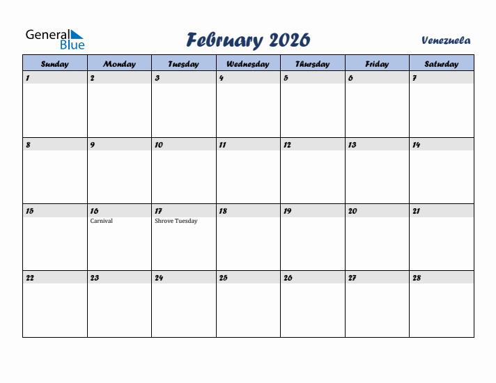 February 2026 Calendar with Holidays in Venezuela
