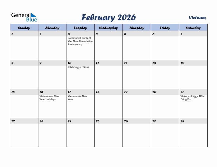 February 2026 Calendar with Holidays in Vietnam