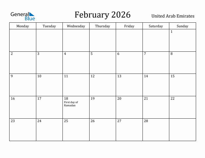 February 2026 Calendar United Arab Emirates
