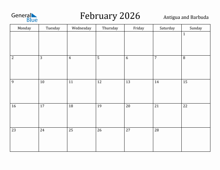 February 2026 Calendar Antigua and Barbuda