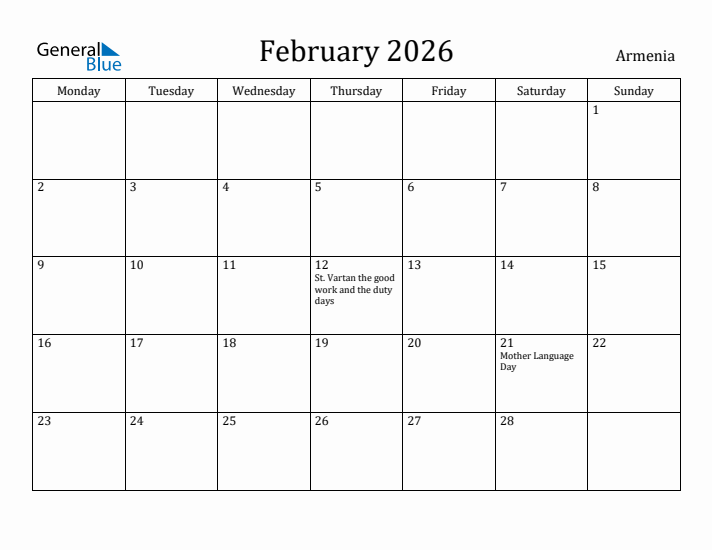 February 2026 Calendar Armenia