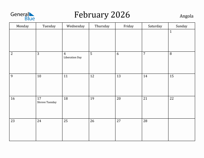 February 2026 Calendar Angola