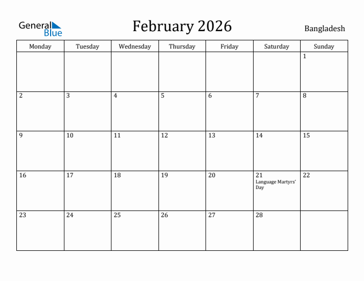 February 2026 Calendar Bangladesh