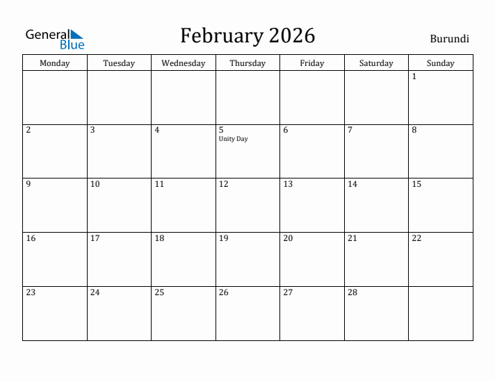 February 2026 Calendar Burundi