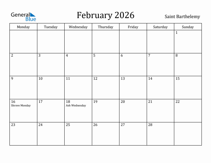 February 2026 Calendar Saint Barthelemy