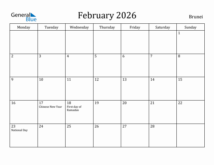 February 2026 Calendar Brunei