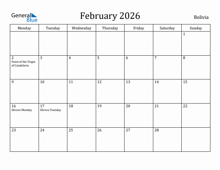 February 2026 Calendar Bolivia