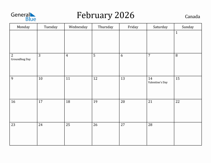 February 2026 Calendar Canada