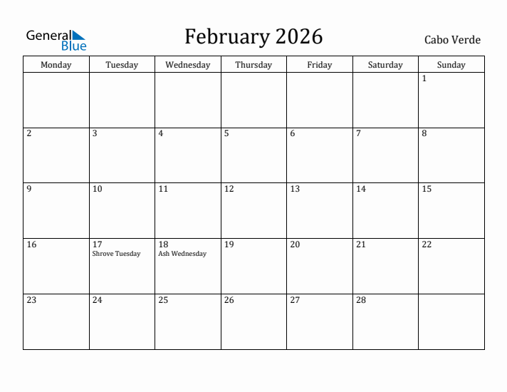 February 2026 Calendar Cabo Verde