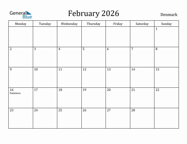 February 2026 Calendar Denmark