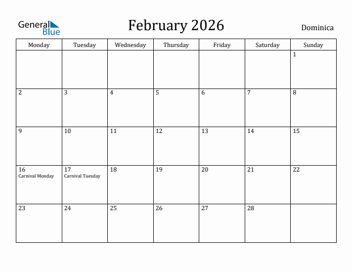 February 2026 Calendar Dominica
