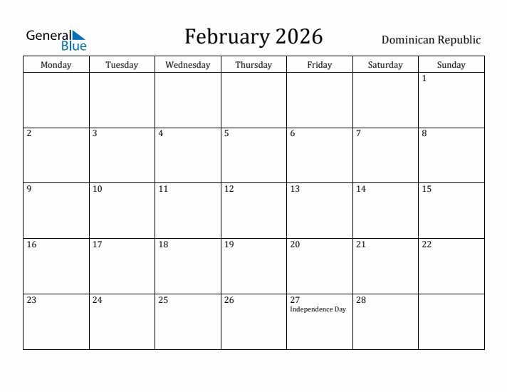 February 2026 Calendar Dominican Republic