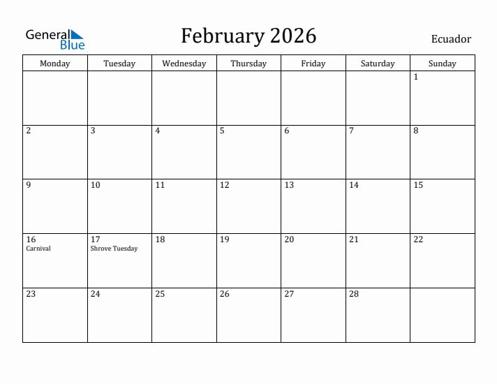 February 2026 Calendar Ecuador