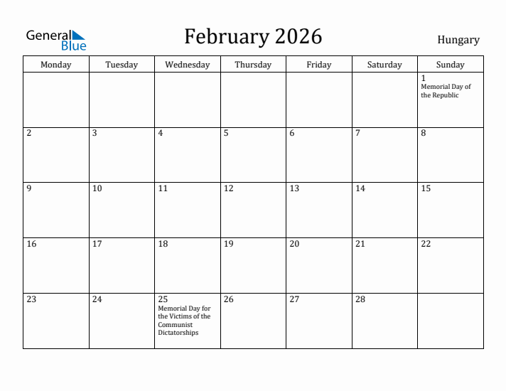 February 2026 Calendar Hungary