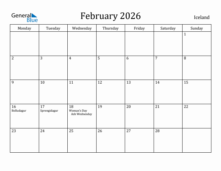 February 2026 Calendar Iceland