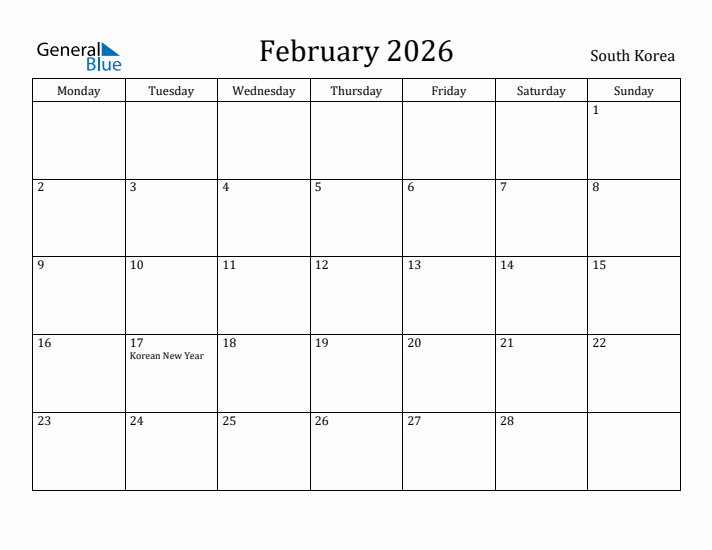 February 2026 Calendar South Korea