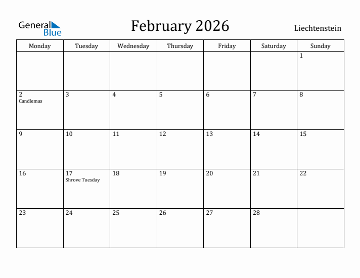 February 2026 Calendar Liechtenstein