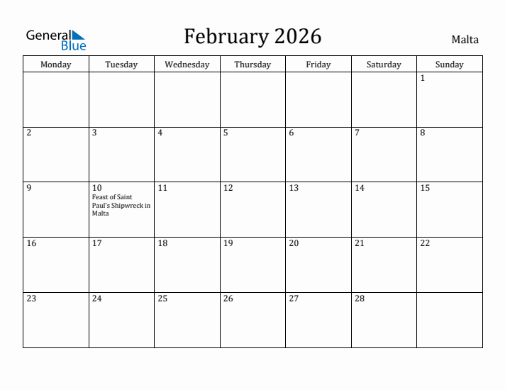 February 2026 Calendar Malta
