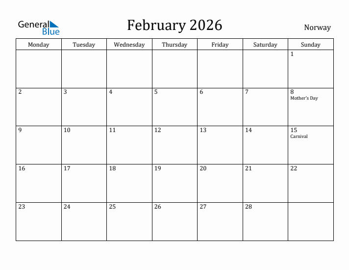 February 2026 Calendar Norway
