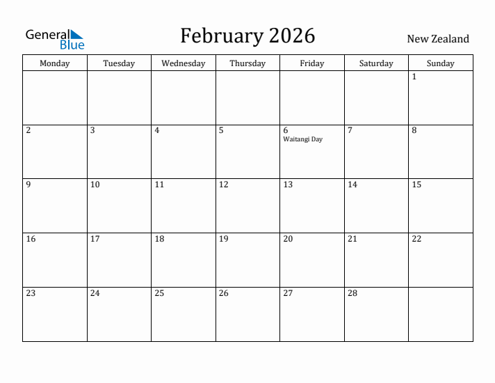 February 2026 Calendar New Zealand
