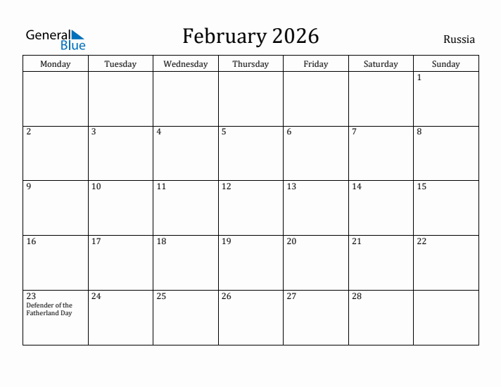 February 2026 Calendar Russia