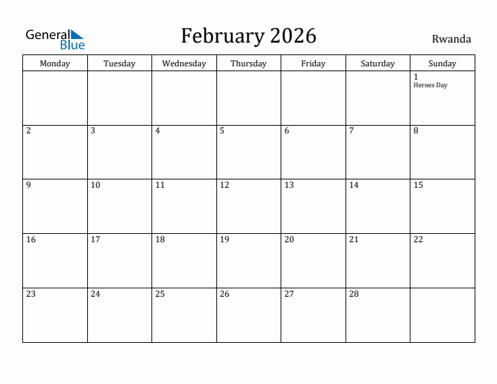 February 2026 Calendar Rwanda