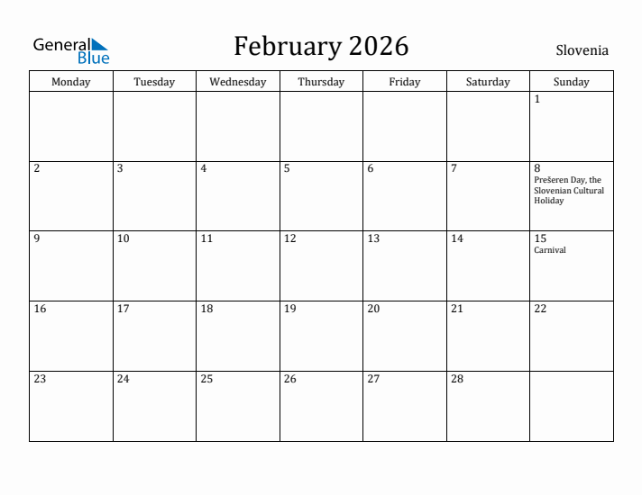February 2026 Calendar Slovenia