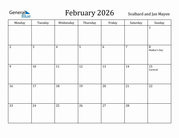 February 2026 Calendar Svalbard and Jan Mayen
