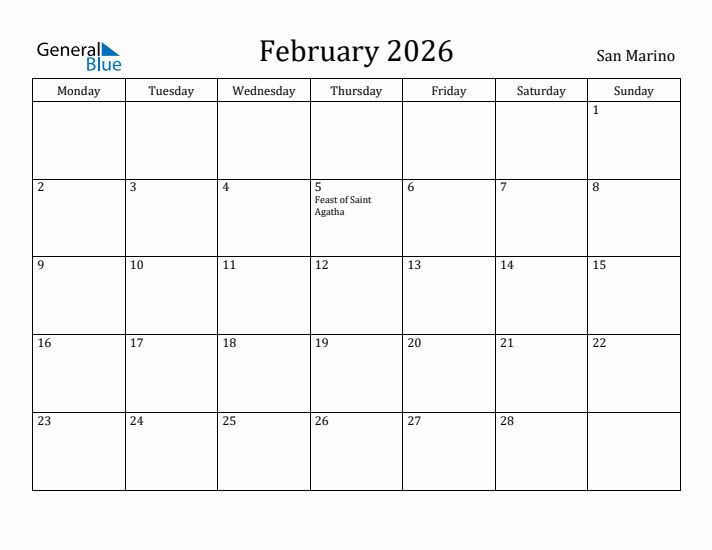February 2026 Calendar San Marino