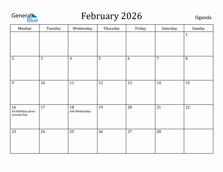 February 2026 Calendar Uganda