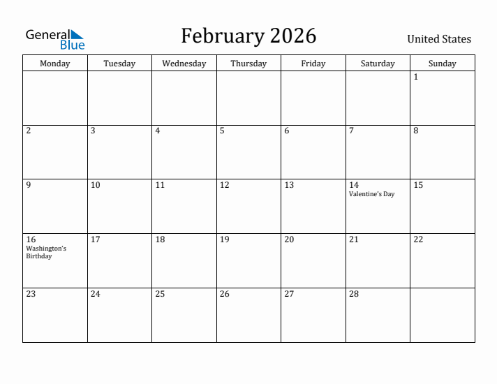 February 2026 Calendar United States