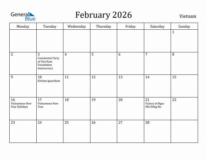 February 2026 Calendar Vietnam