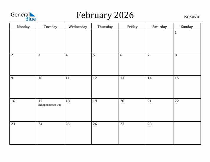 February 2026 Calendar Kosovo