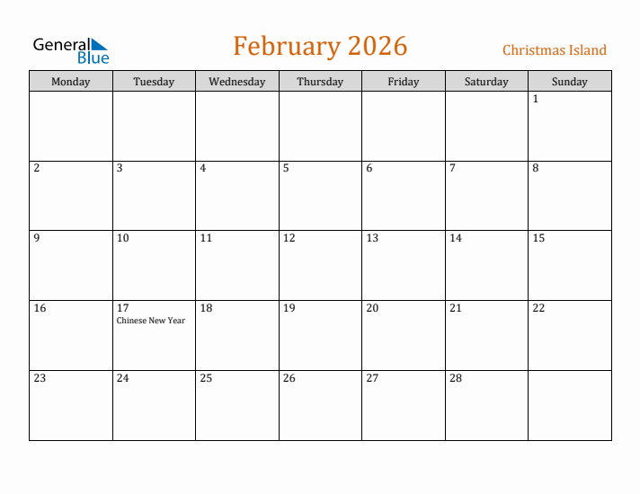 February 2026 Holiday Calendar with Monday Start