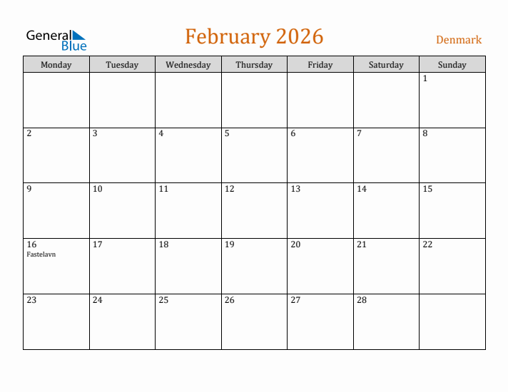 February 2026 Holiday Calendar with Monday Start