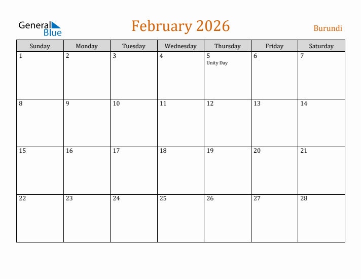 February 2026 Holiday Calendar with Sunday Start