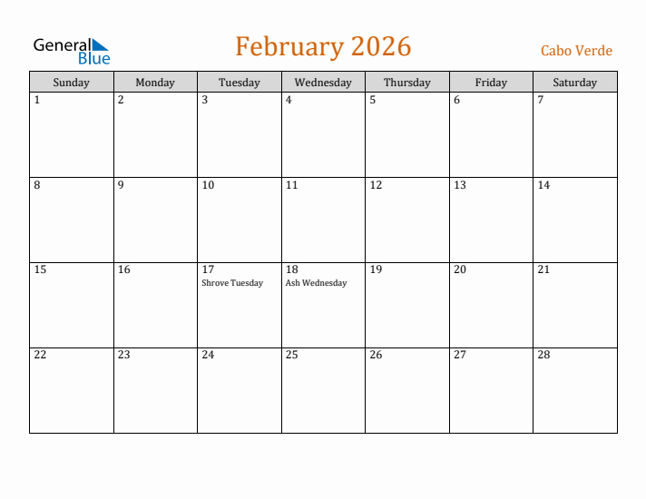 February 2026 Holiday Calendar with Sunday Start