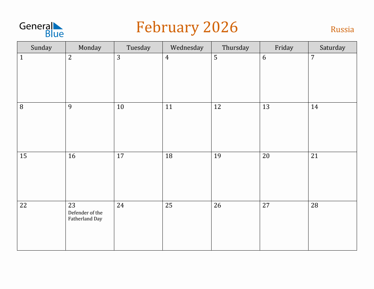 Free February 2026 Russia Calendar