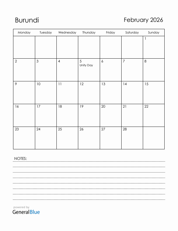 February 2026 Burundi Calendar with Holidays (Monday Start)