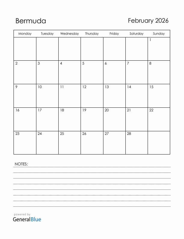 February 2026 Bermuda Calendar with Holidays (Monday Start)