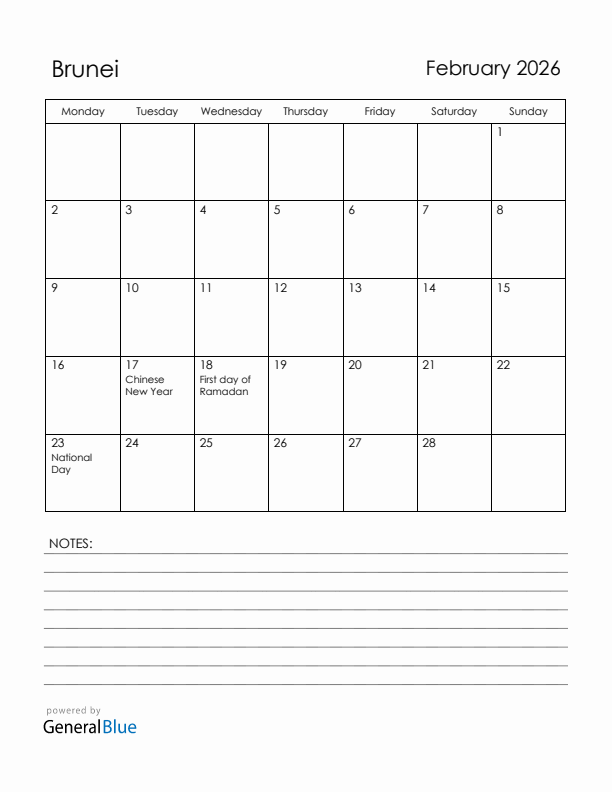 February 2026 Brunei Calendar with Holidays (Monday Start)