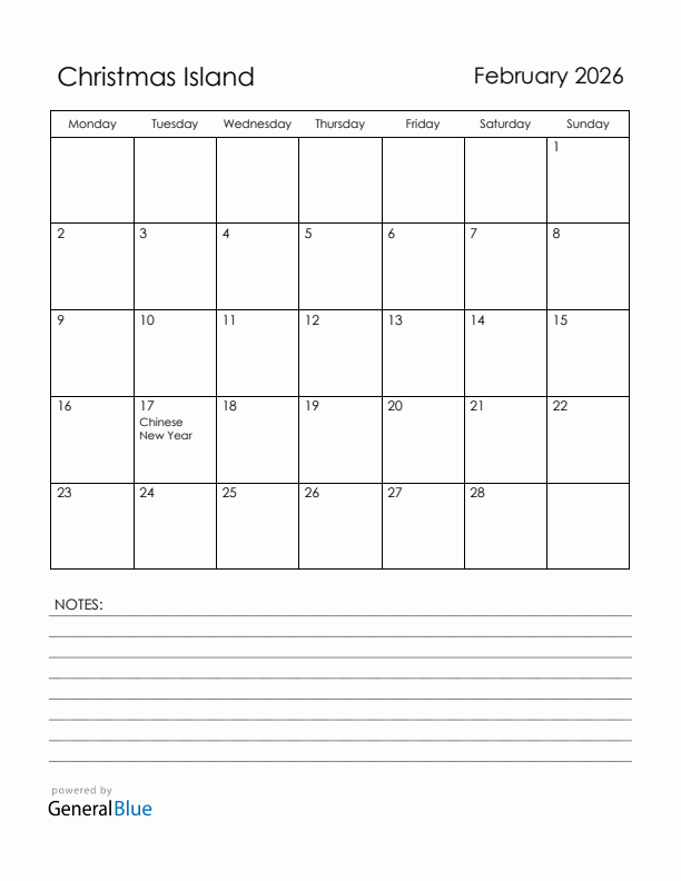 February 2026 Christmas Island Calendar with Holidays (Monday Start)