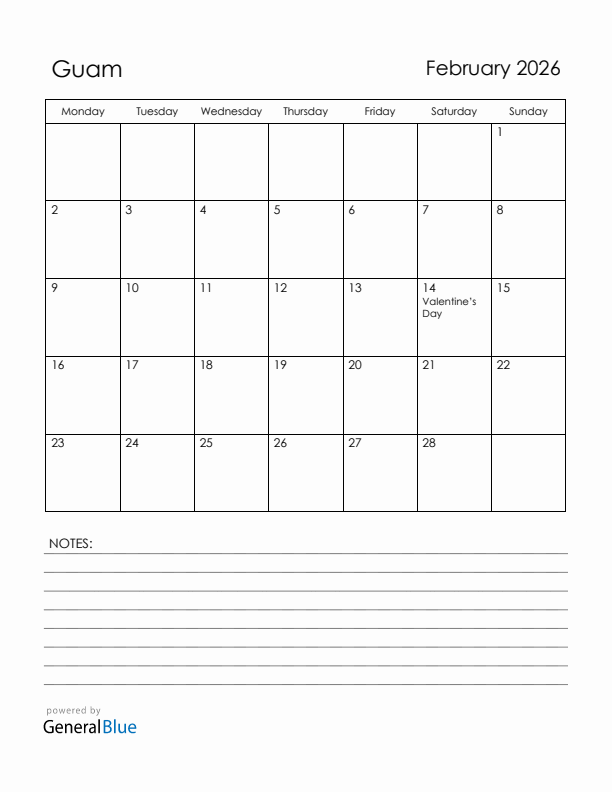 February 2026 Guam Calendar with Holidays (Monday Start)