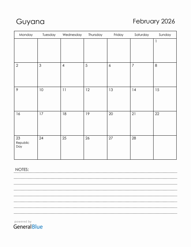 February 2026 Guyana Calendar with Holidays (Monday Start)