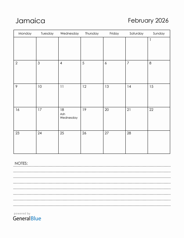 February 2026 Jamaica Calendar with Holidays (Monday Start)