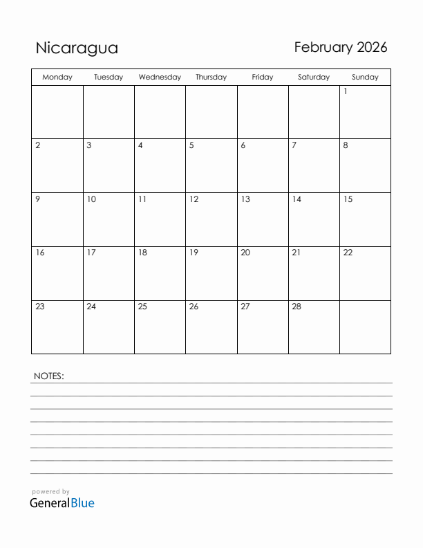 February 2026 Nicaragua Calendar with Holidays (Monday Start)