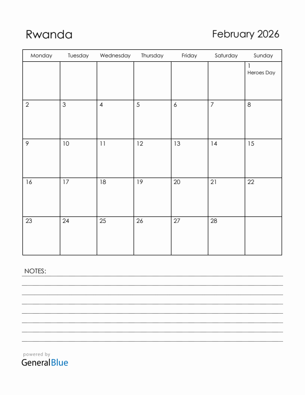 February 2026 Rwanda Calendar with Holidays (Monday Start)